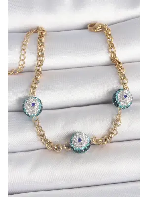 316L Çelik Gold Renk Zirkon Taşlı Nazar Boncuk Model Kadı Bileklik