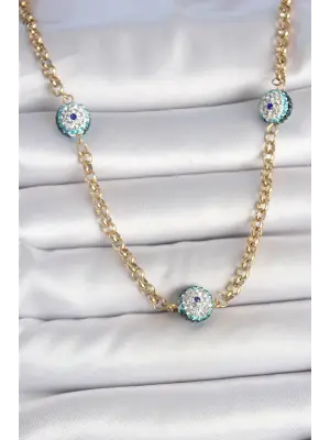 316L Çelik Gold Renk Zirkon Taşlı Nazar Boncuk Model Kadın Kolye
