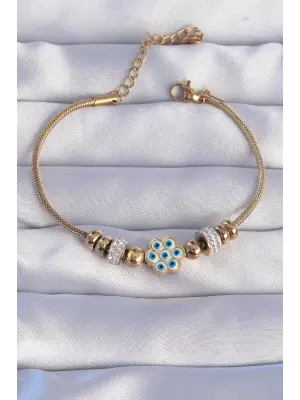 316L Çelik Gold Renk Zirkon Taşlı Nazarlı Çiçek Tasarımlı Bileklik