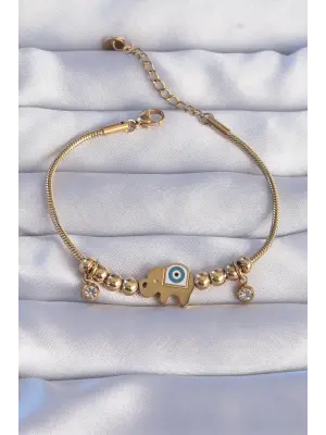 316L Çelik Gold Renk Zirkon Taşlı Nazarlı Fil Tasarımlı Bileklik