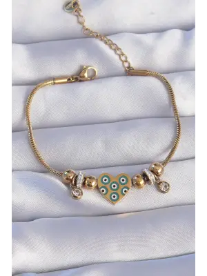 316L Çelik Gold Renk Zirkon Taşlı Nazarlı Kalp Tasarımlı Bileklik