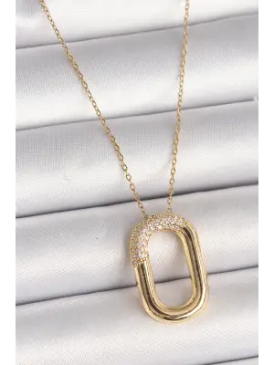  Altın  Zirkon Taşlı Oval Model  Çelik Kolye