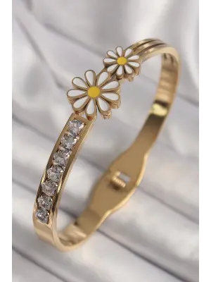 316L Çelik Gold Renk Zirkon Taşlı Papatya Model Kadın Kelepçe