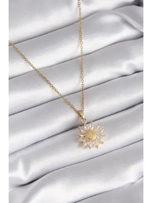  Altın  Zirkon Taşlı Papatya Model  Çelik Kolye