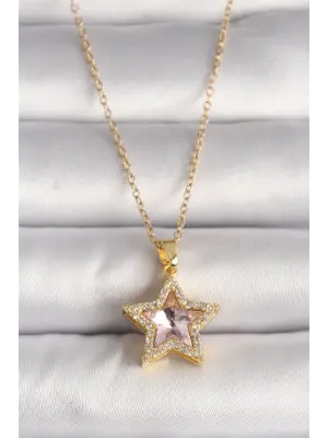  Altın  Zirkon Taşlı Pembe Yıldız Model  Çelik Kolye