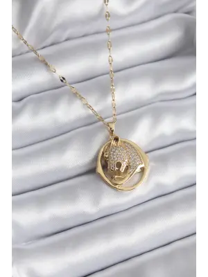  Altın  Zirkon Taşlı Puma Model  Çelik Kolye