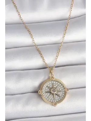 316L Çelik Gold Renk Zirkon Taşlı Pusula Model Kadın Kolye