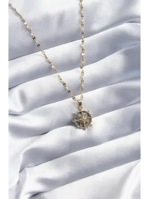 316L Çelik Gold Renk Zirkon Taşlı Pusula Model Kadın Kolye