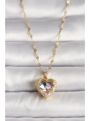  Altın  Zirkon Taşlı li Kalp Model  Çelik Kolye