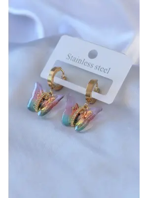 316L Çelik Gold Renk Zirkon Taşlı Renkli Kelebek Model Kadın Küpe