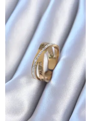 316L Çelik Altın Zirkon Taşlı Romen Rakam İşleme Çelik Yüzük