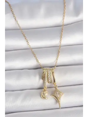 316L Çelik Gold Renk Zirkon Taşlı Sallantı Ay Yıldız Figür Charm Kadın Kolye
