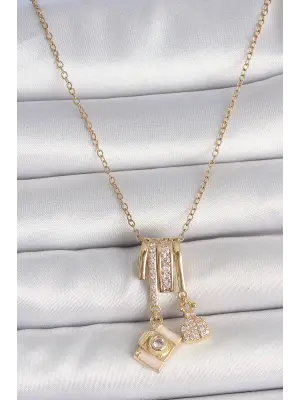 316L Çelik Gold Renk Zirkon Taşlı Sallantı Fotoğraf Makinası Figür Charm Kadın Kolye