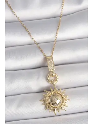 316L Çelik Gold Renk Zirkon Taşlı Sallantı Güneş Model Kadın Kolye