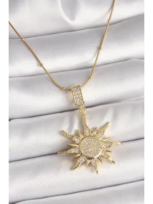 316L Çelik Gold Renk Zirkon Taşlı Sallantı Güneş Model Topçuk Detay Kadın Kolye