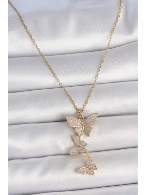 316L Çelik Gold Renk Zirkon Taşlı Sallantı Kelebek Model Kadın Kolye
