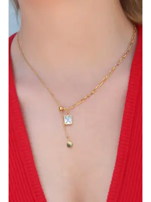  Altın  Zirkon Taşlı Sallantı Model  Çelik Kolye