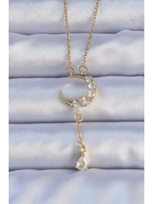  Altın  Zirkon Taşlı Sallantılı Ay Figür Çelik Kolye