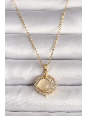  Altın  Zirkon Taşlı Sarı Sedefli Hilal Model  Çelik Kolye