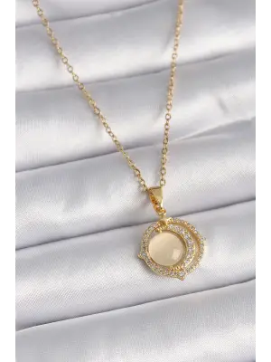  Altın  Zirkon Taşlı Sarı Sedefli Hilal Model  Çelik Kolye