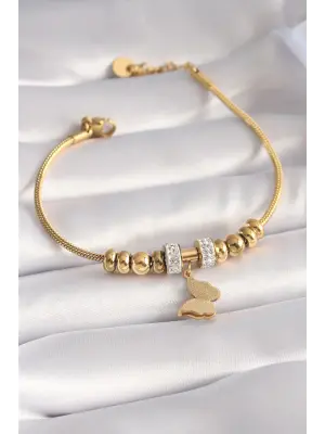 316L Çelik Gold Renk Zirkon Taşlı Simli Kelebek Figür Kadın Bileklik