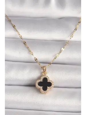  Altın  Zirkon Taşlı Siyah Yonca Model  Çelik Kolye