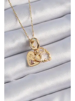  Altın  Zirkon Taşlı Sonsuzluk Kalp Figür Charm Model  Çelik Kolye