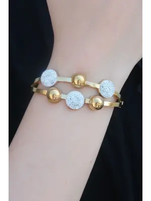 316L Çelik Gold Renk Zirkon Taşlı Top Model Kadın Kelepçe