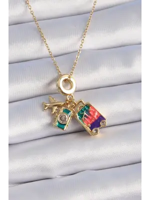  Altın  Zirkon Taşlı Uçak Bavul Figür Charm Model  Çelik Kolye