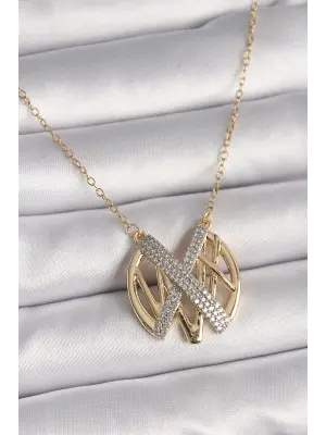  Altın  Zirkon Taşlı Vintage Model  Çelik Kolye