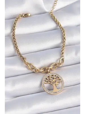 316L Çelik Gold Renk Zirkon Taşlı Yaşam Ağacı Figür Kadın Bileklik