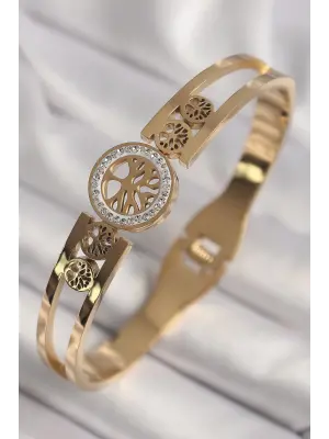 316L Çelik Gold Renk Zirkon Taşlı Yaşam Ağacı Model Kadın Kelepçe