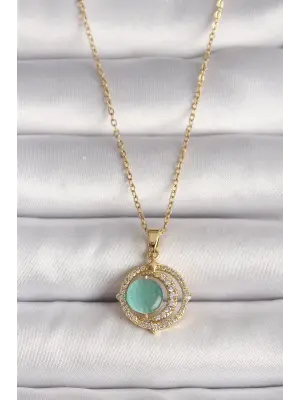  Altın  Zirkon Taşlı Yeşil Sedefli Hilal Model  Çelik Kolye