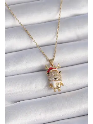  Altın  Zirkon Taşlı Yılbaşı Temalı Ren Geyiği Figür  Çelik Kolye