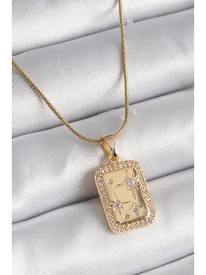  Altın  Zirkon Taşlı Yıldız İşleme Madalyon  Çelik Kolye