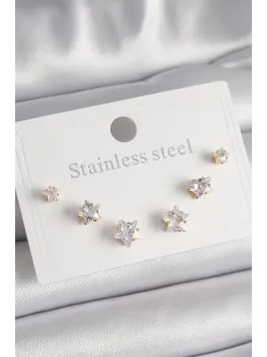   Altın Zirkon Taşlı Yıldız Model Çelik Küpe Seti