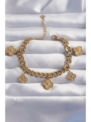 316L Çelik Gold Renk Zirkon Taşlı Yonca Model Bileklik