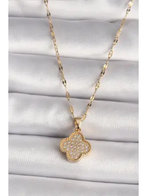  Altın  Zirkon Taşlı Yonca Model  Çelik Kolye