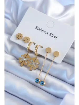   Altın Zirkon Taşlı Yonca Model Çelik Küpe Seti