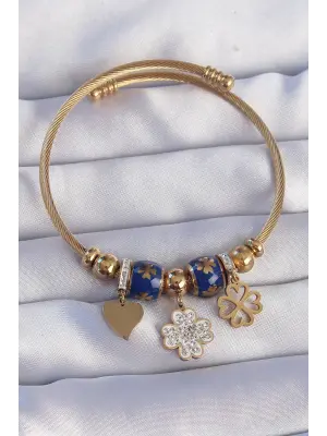 316L Çelik Gold Renk Zirkon Taşlı Yonca Tasarımlı Kalp Detay Mineli Charm Bileklik