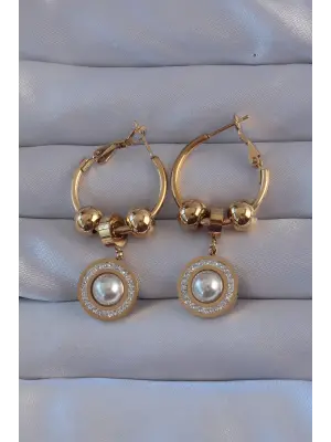   Altın Zirkon ve İnci Taşlı Cartier Model Halka Küpe