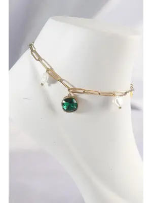 316L Çelik Gold Renk Zümrüt Taş Tasarımlı Halhal