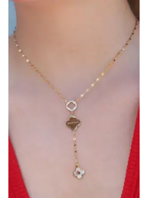 Altın Sallantı Model Yonca Figür Good Luck İşleme  Çelik Kolye