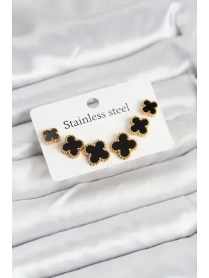 316L Çelik Gold Siyah Renk 3 Boy Yonca Küpe Seti