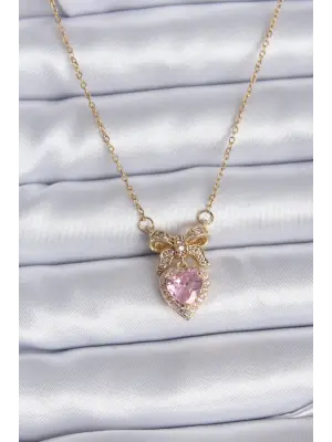  Altın Zincir Pembe Kristal Kalp Model Zirkon Taşlı Kurdele Model  Çelik Kolye