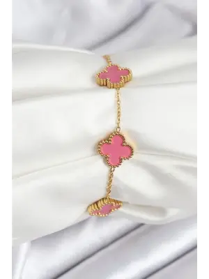 316L Çelik Gold Zincir Pembe Yonca Renk Bileklik
