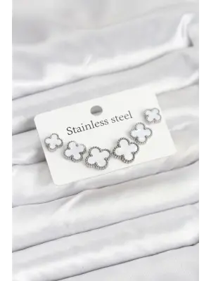 316L Çelik Gümüş Beyaz Renk 3 Boy Yonca Küpe Seti