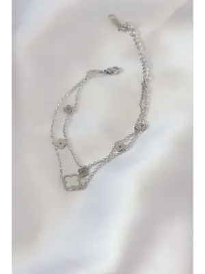 316L Çelik Gümüş Renk 2li Beyaz Yonca Figür Kadın Bileklik