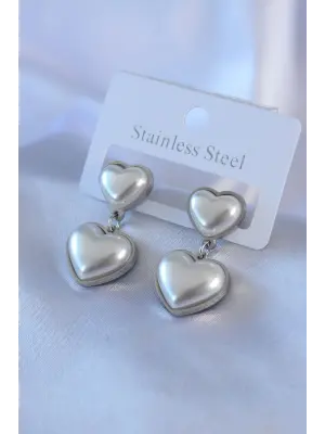   Gümüş 2li İncili Kalp Model Çelik Küpe