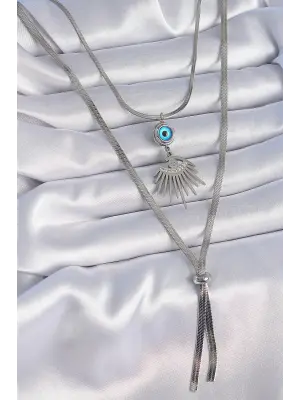  Gümüş  2li İtalyan Zincir Göz Figür Zirkon Taşlı  Çelik Kolye